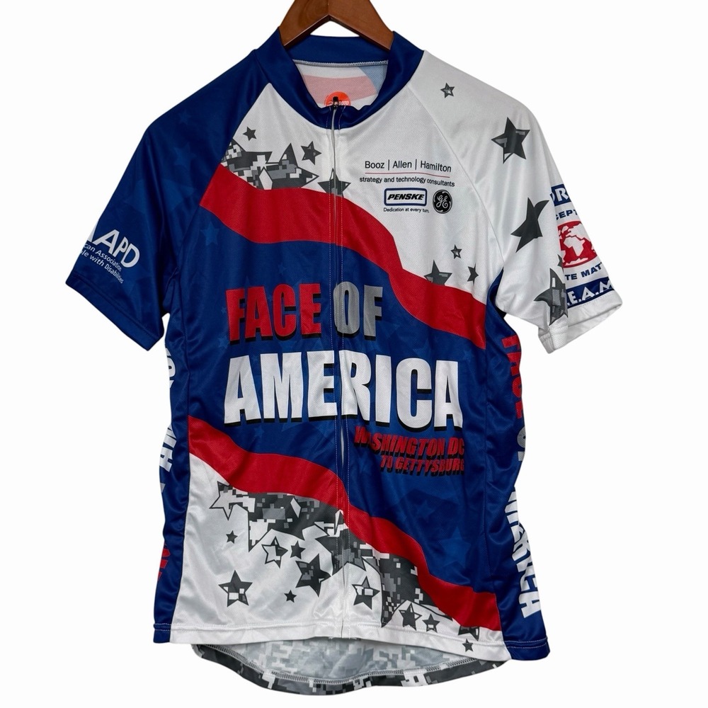 Face Of America Cycling Jersey Mens Medium Patriotic USA Full Zip Bicycle Shirt